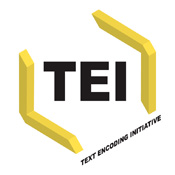 Stylized yellow angle brackets with the
   letters
								TEI in between and
   text
									encoding initiative
   underneath.